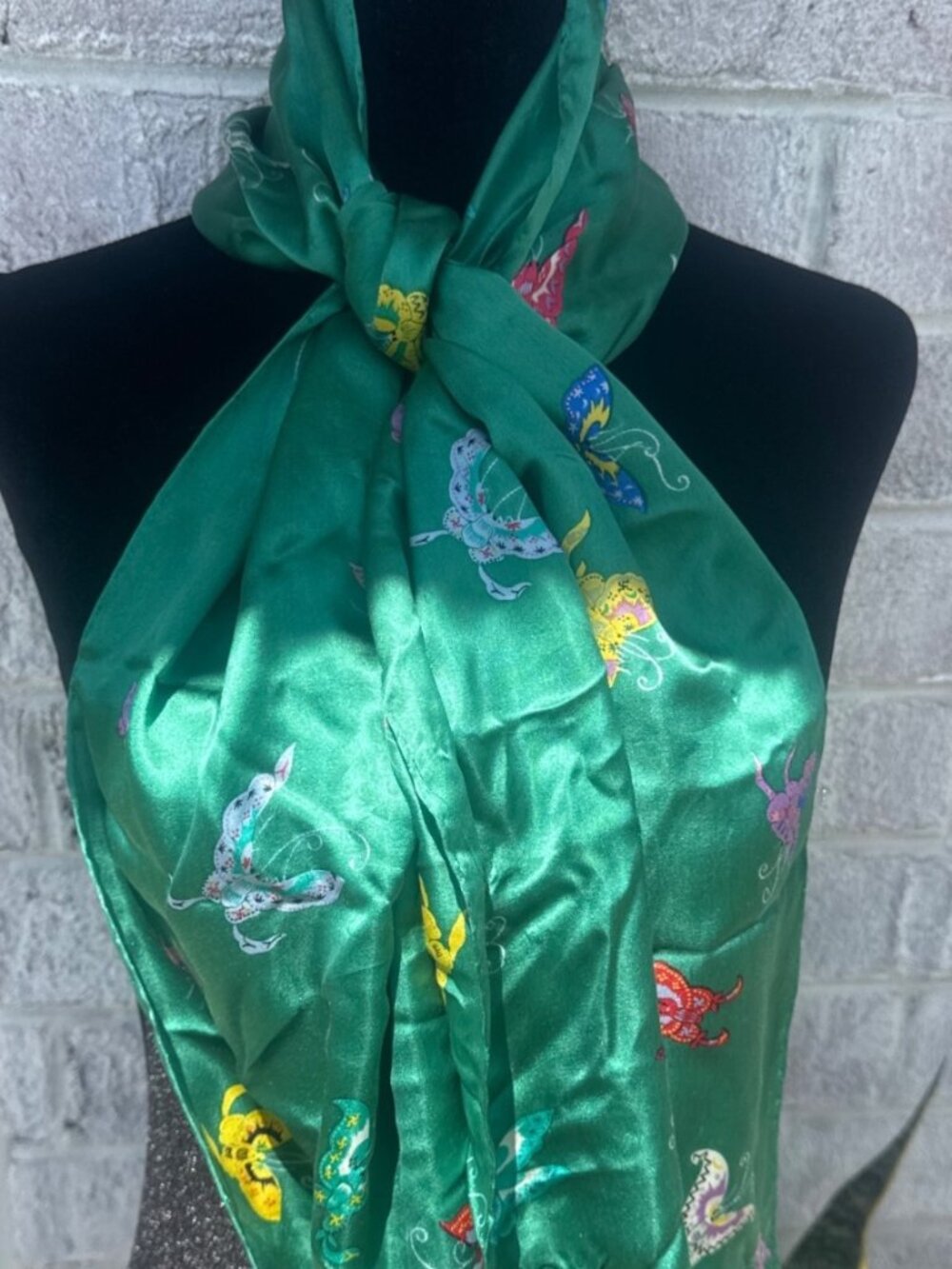 Vintage Green Butterfly Print Silk Feel Oblong Scarf Emerald Colorful Whimsical